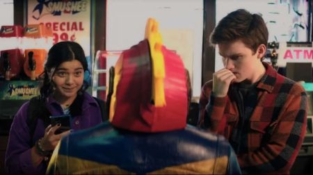 Bruno and Kamala looking at Captain Marvel Cosplay Costume